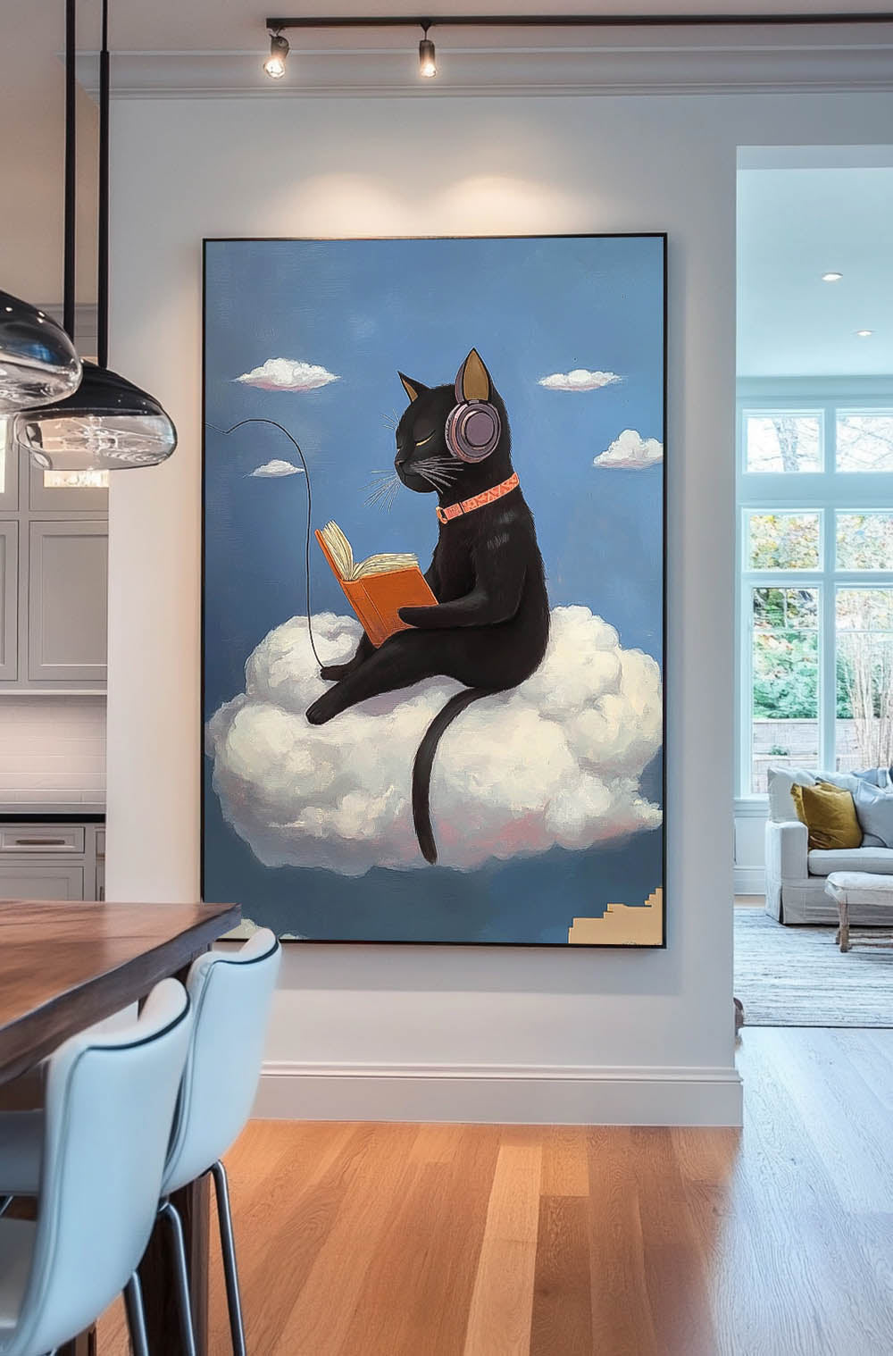 Black Cat Headphones Reading Cloud Painting