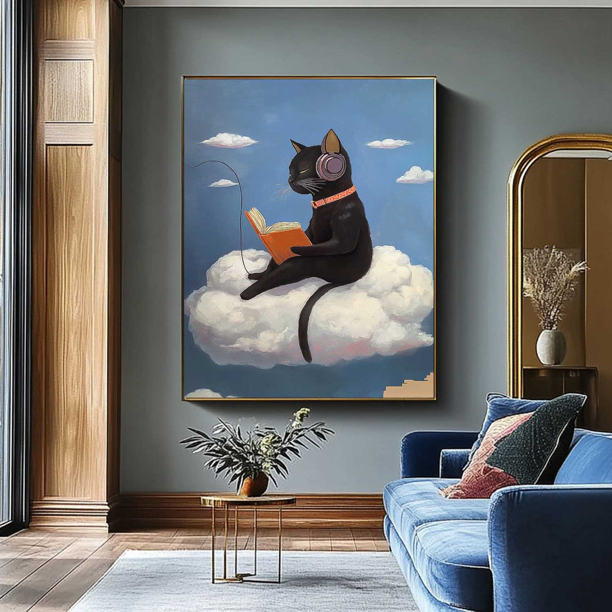 Black Cat Headphones Reading Cloud Painting