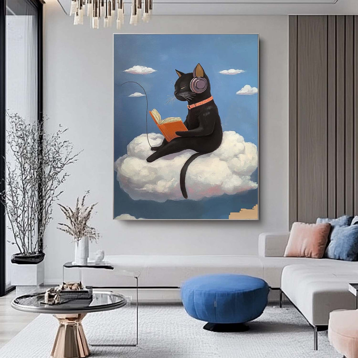 Black Cat Headphones Reading Cloud Painting