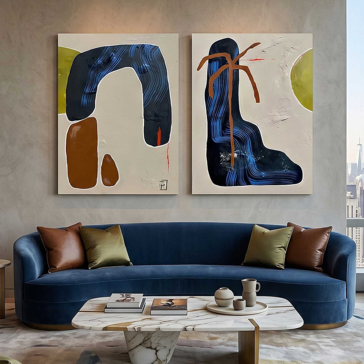Set Of 2 Diptych Wall Art Set Blue Brown Organic