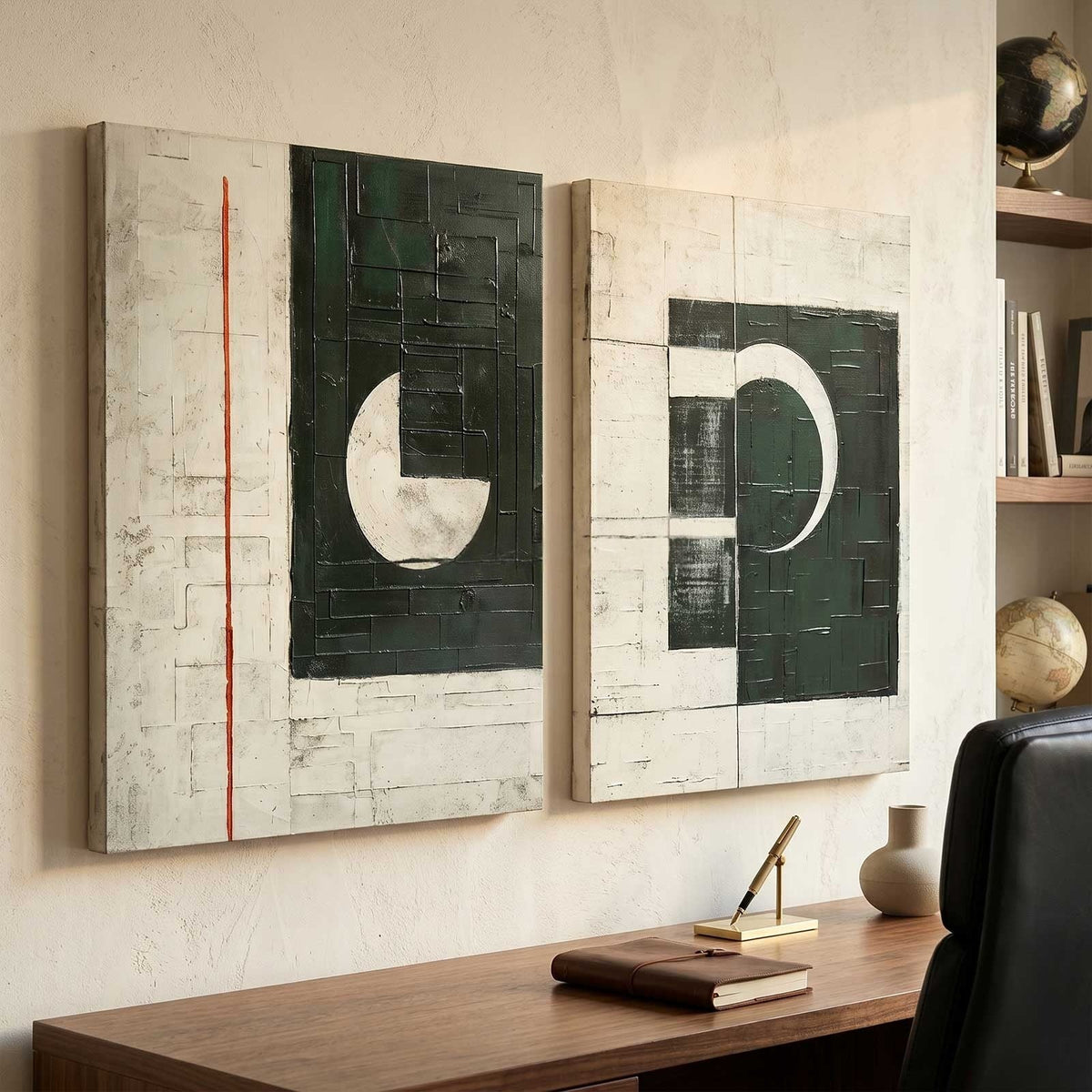 Tactile Two-Piece Geometric Oil Painting Black White