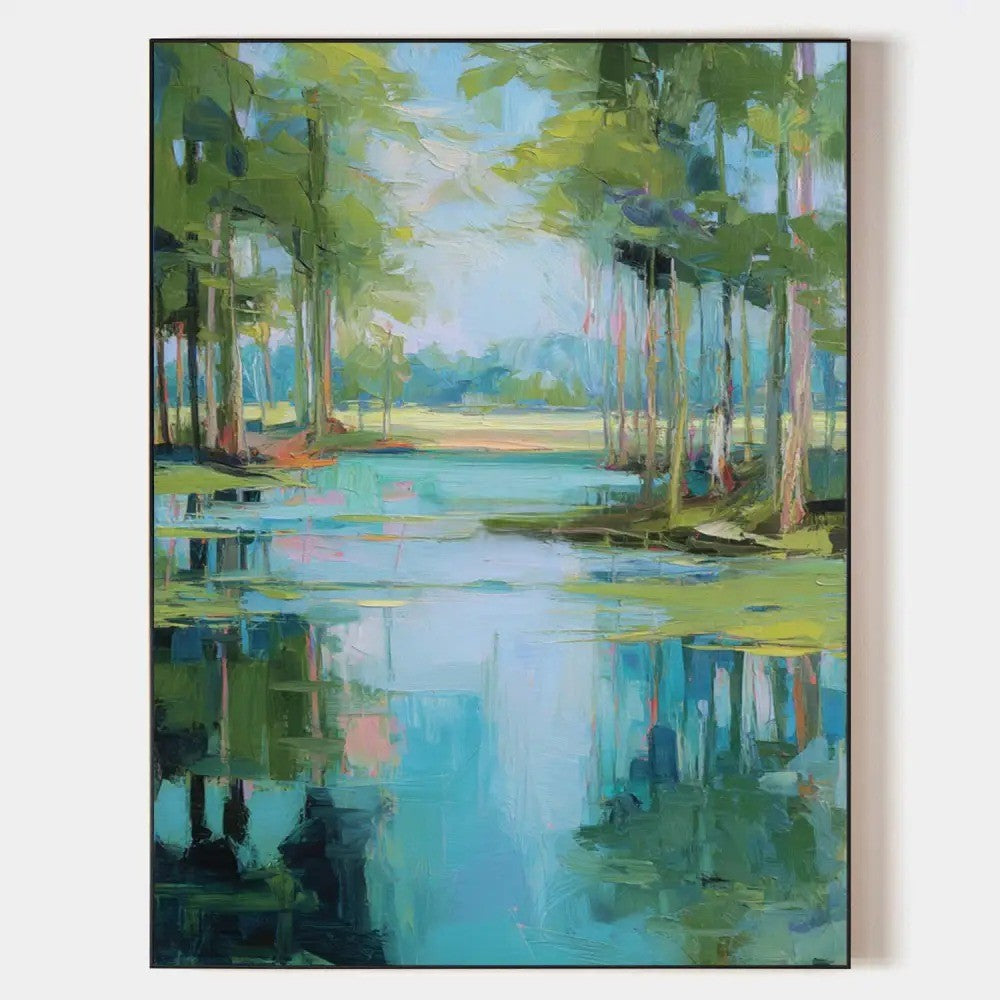 Impressionist Lakeside Forest Painting Vibrant Landscape