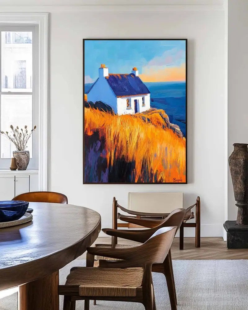 Cottage Golden Hour Seascape Oil Painting