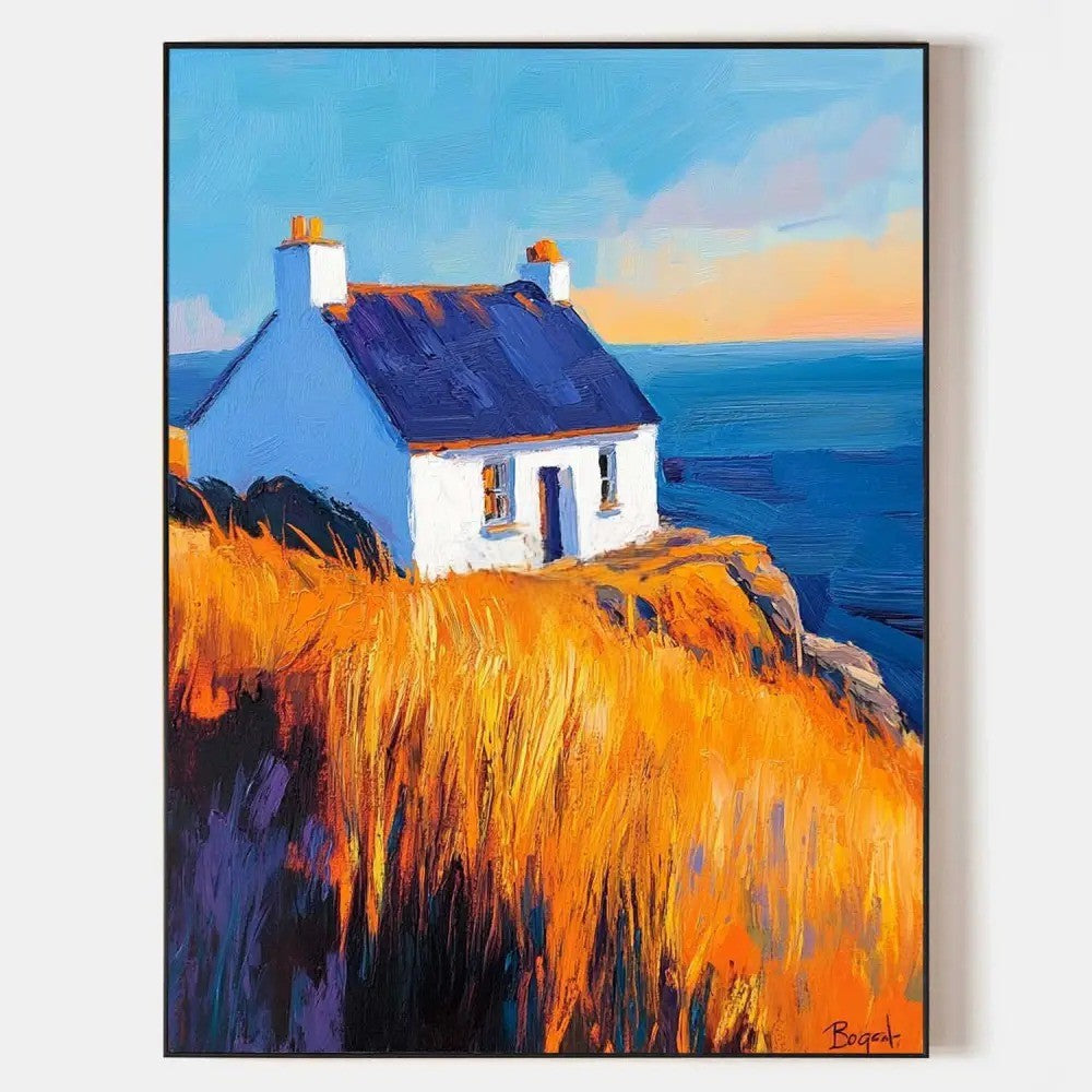 Cottage Golden Hour Seascape Oil Painting