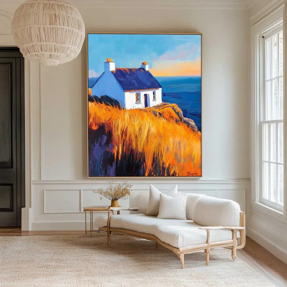 Cottage Golden Hour Seascape Oil Painting