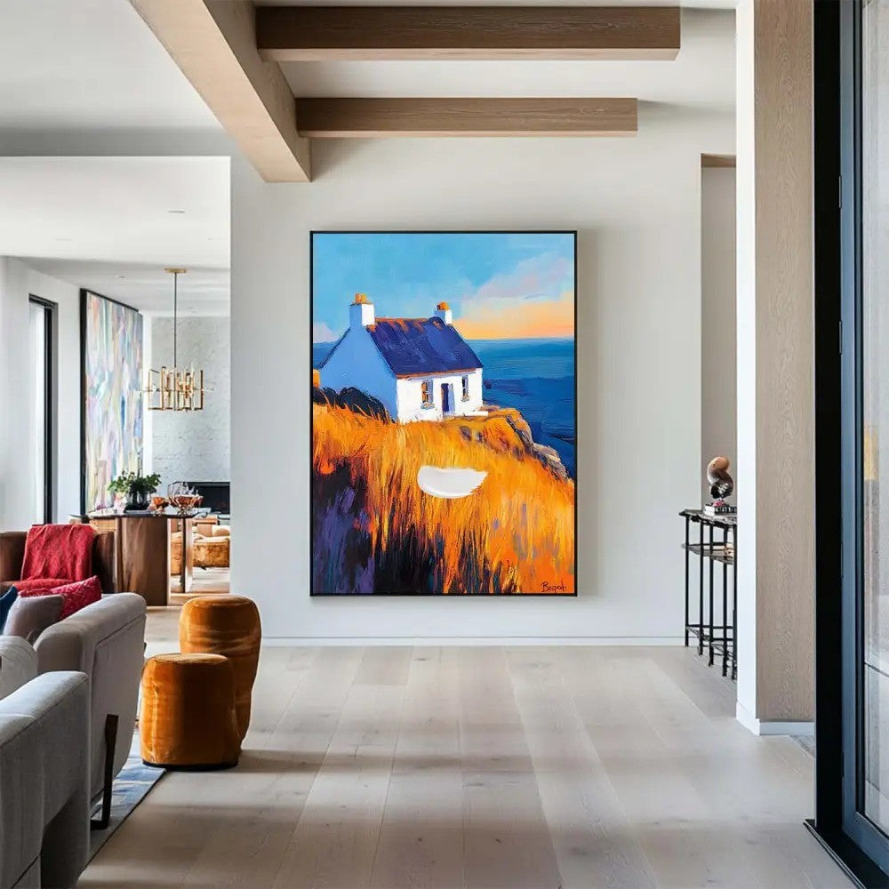 Cottage Golden Hour Seascape Oil Painting