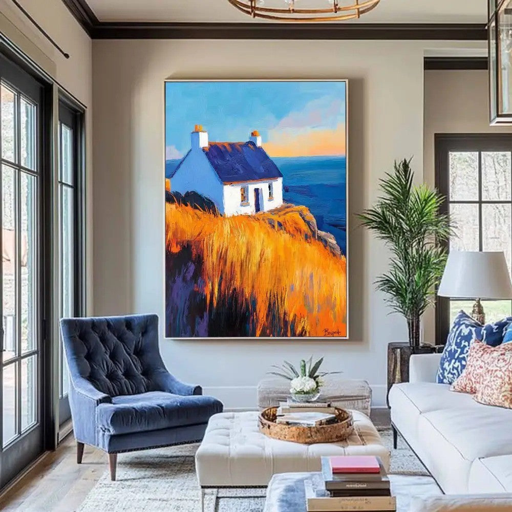 Cottage Golden Hour Seascape Oil Painting