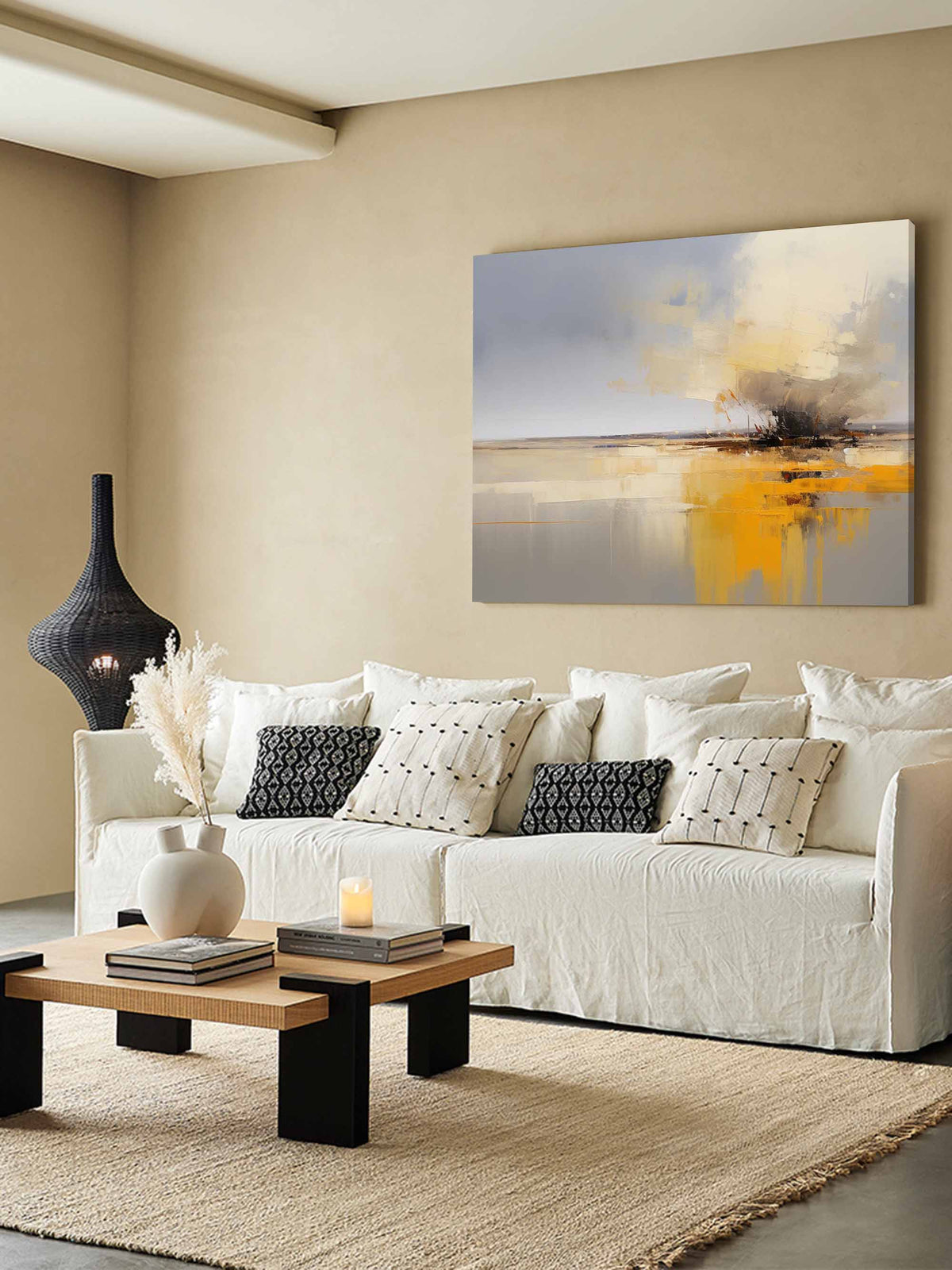 Abstract Seascape Oil Painting Grey Yellow Reflective