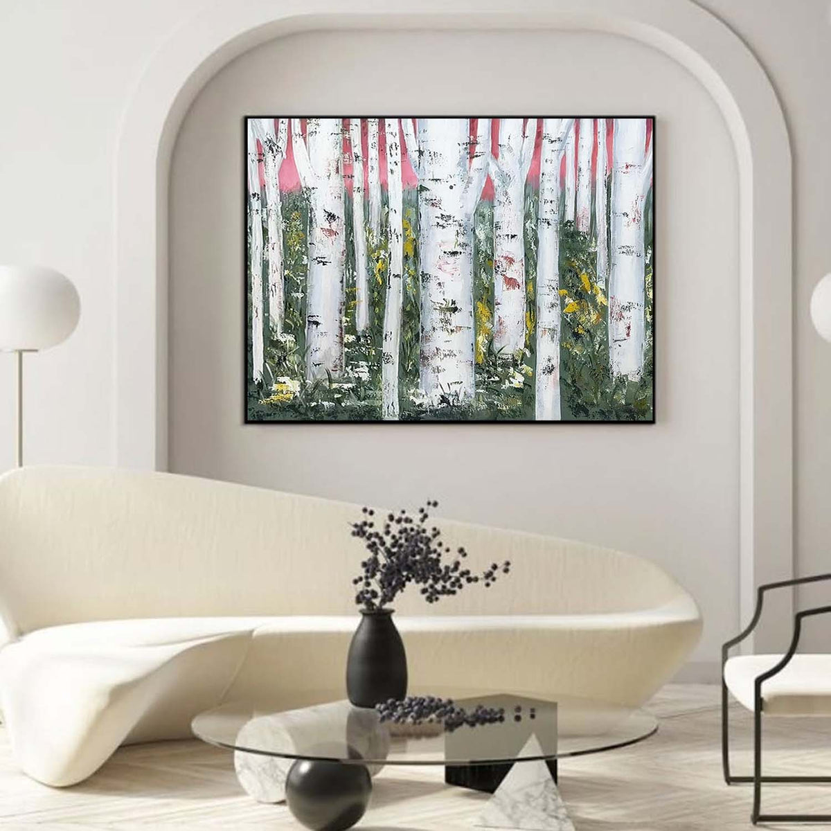 Wall Art Birch Forest Pink Sky Impressionist