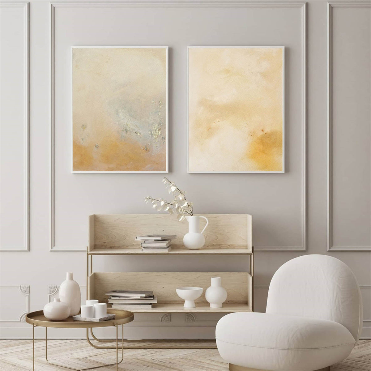 Minimalist Diptych Wall Art Warm Neutrals Gold Leaf