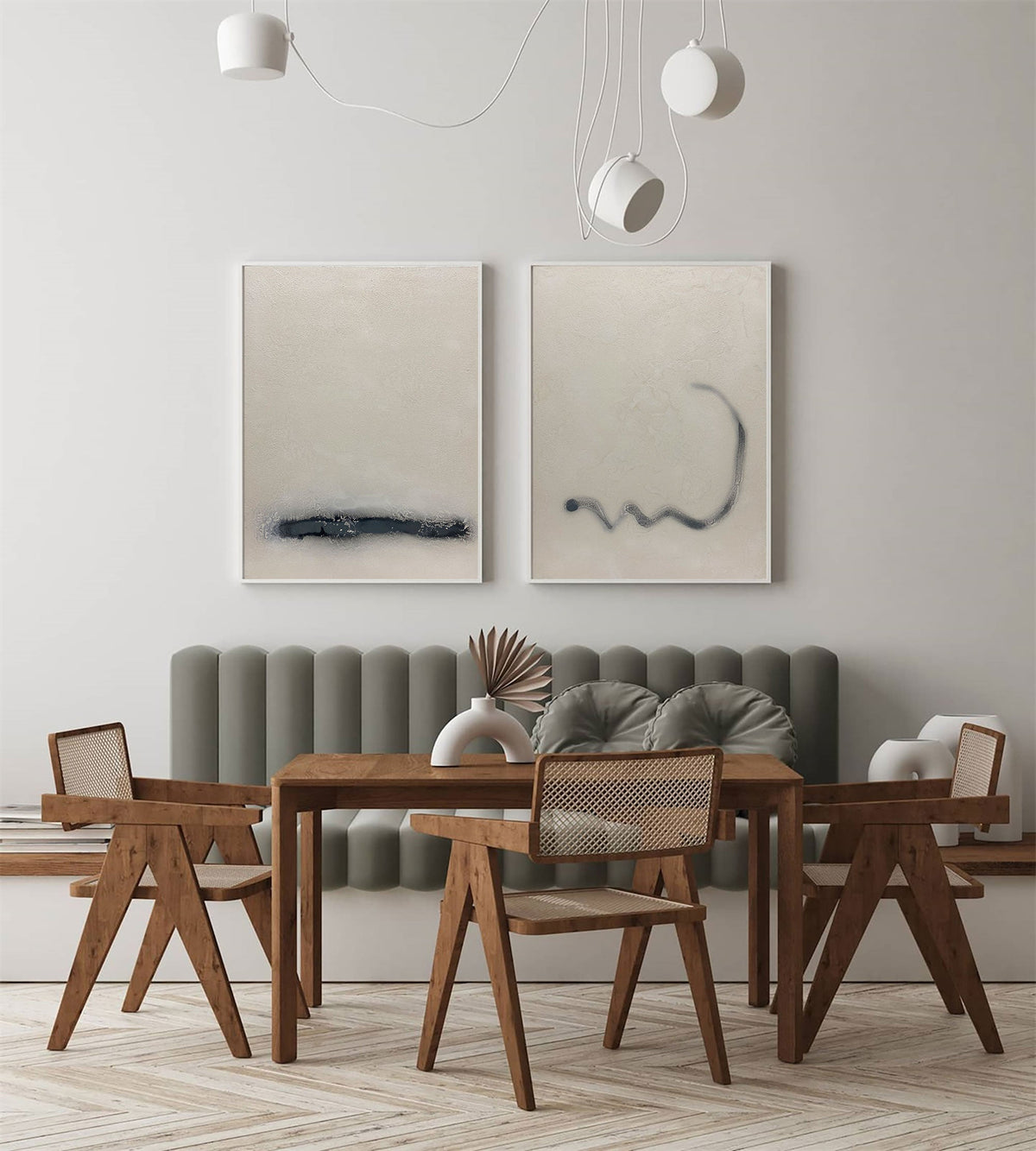 Duo‑Panel Subtle Line Abstract Hand‑Painted Muted Tone Textured Artwork
