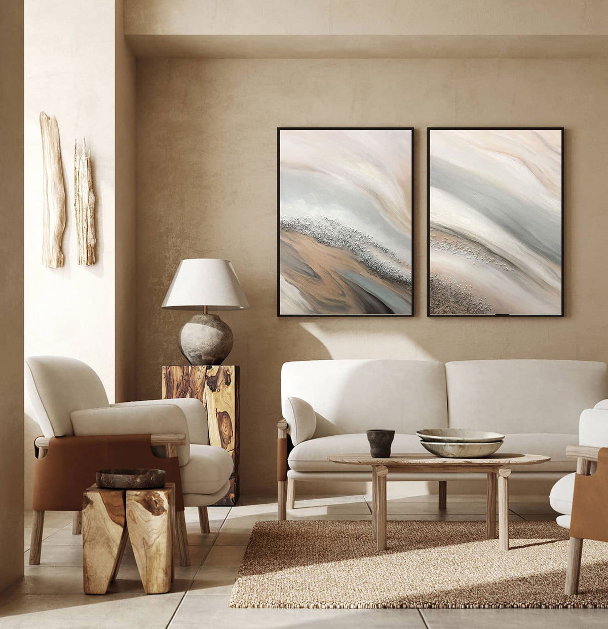 Textured Coastal Dunes Diptych Painting