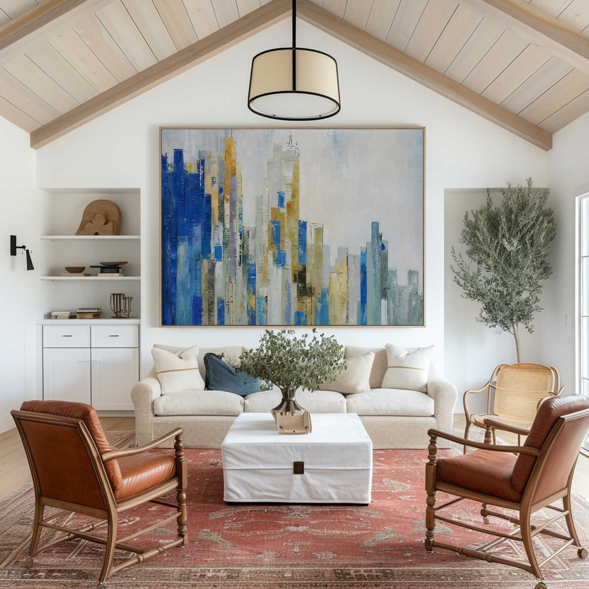 Abstract Urban Skyline Blue & Gold Architectural Layered Textured Artwork