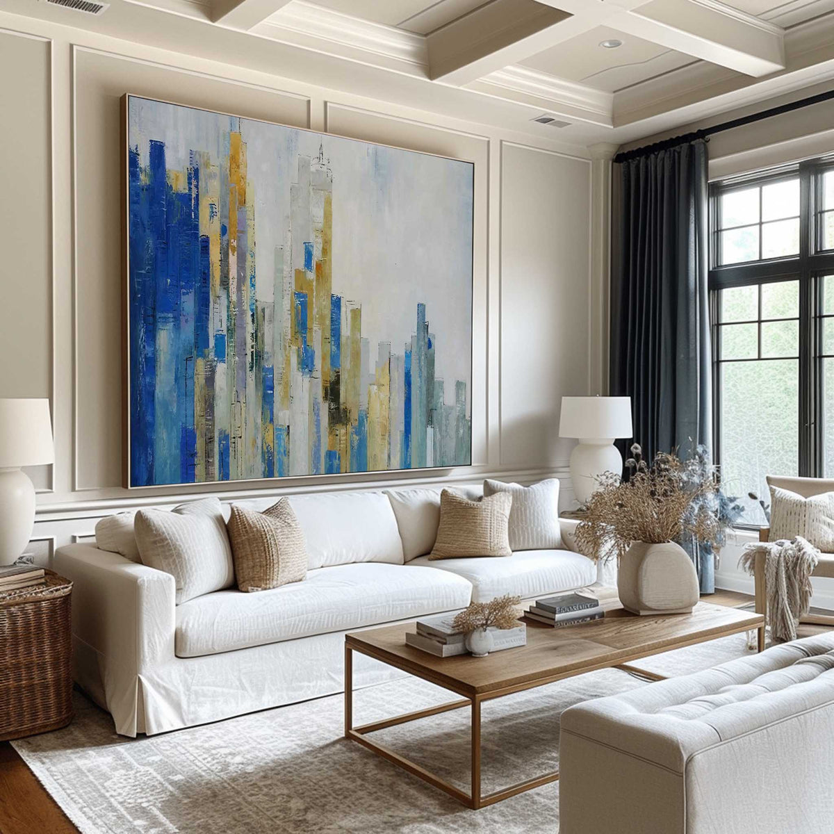 Abstract Urban Skyline Blue & Gold Architectural Layered Textured Artwork