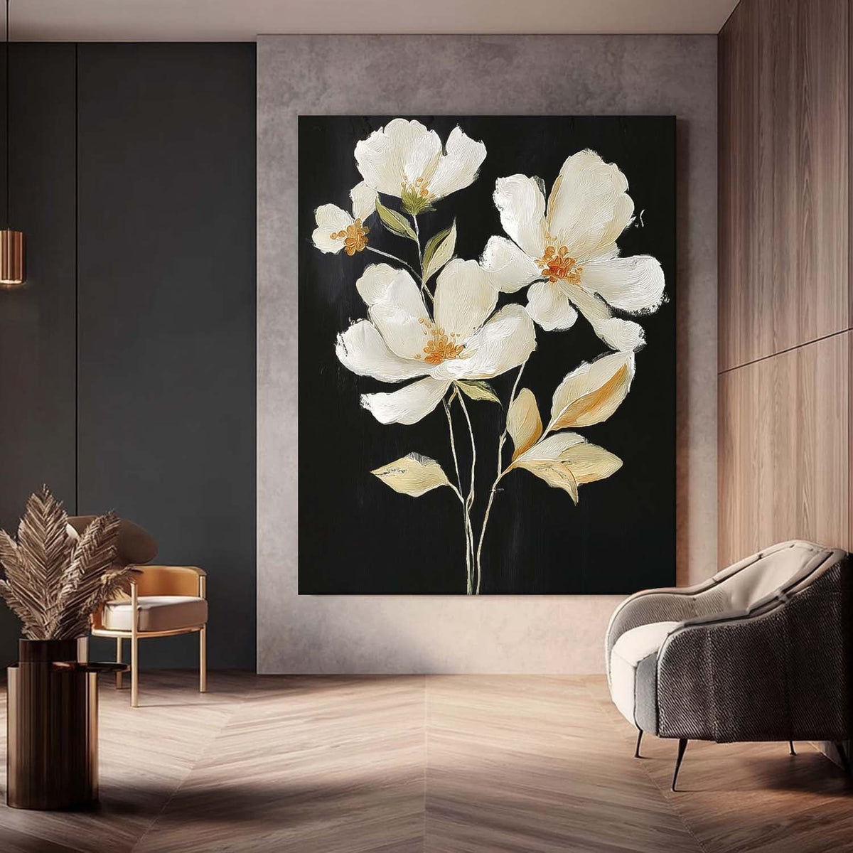 White Floral Oil Painting Contrast Black Background