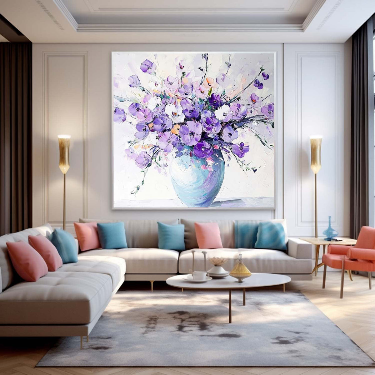 Impasto Lavender Floral Bouquet Oil Painting