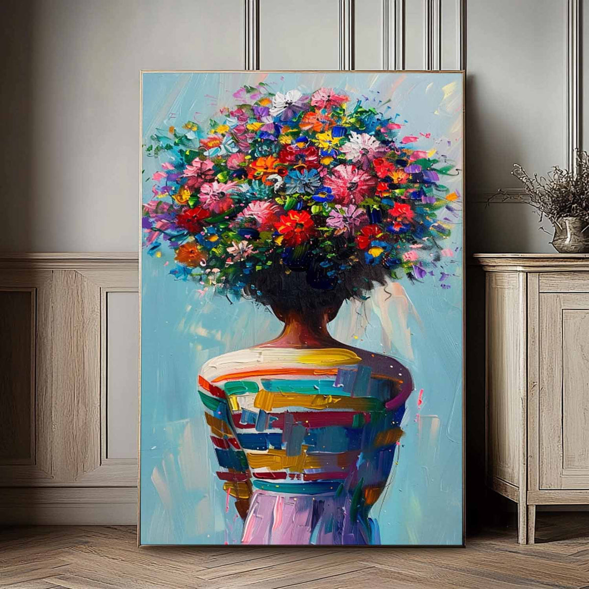 Vibrant Floral Head Woman Oil Painting Colorful