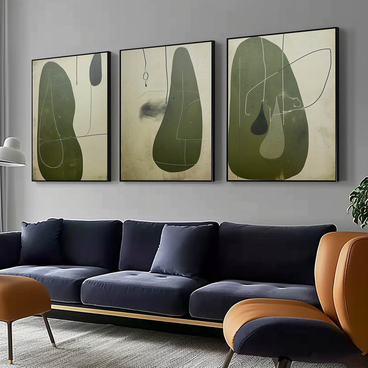 Tactile Three-Piece Oil Painting Olive Green Minimalist