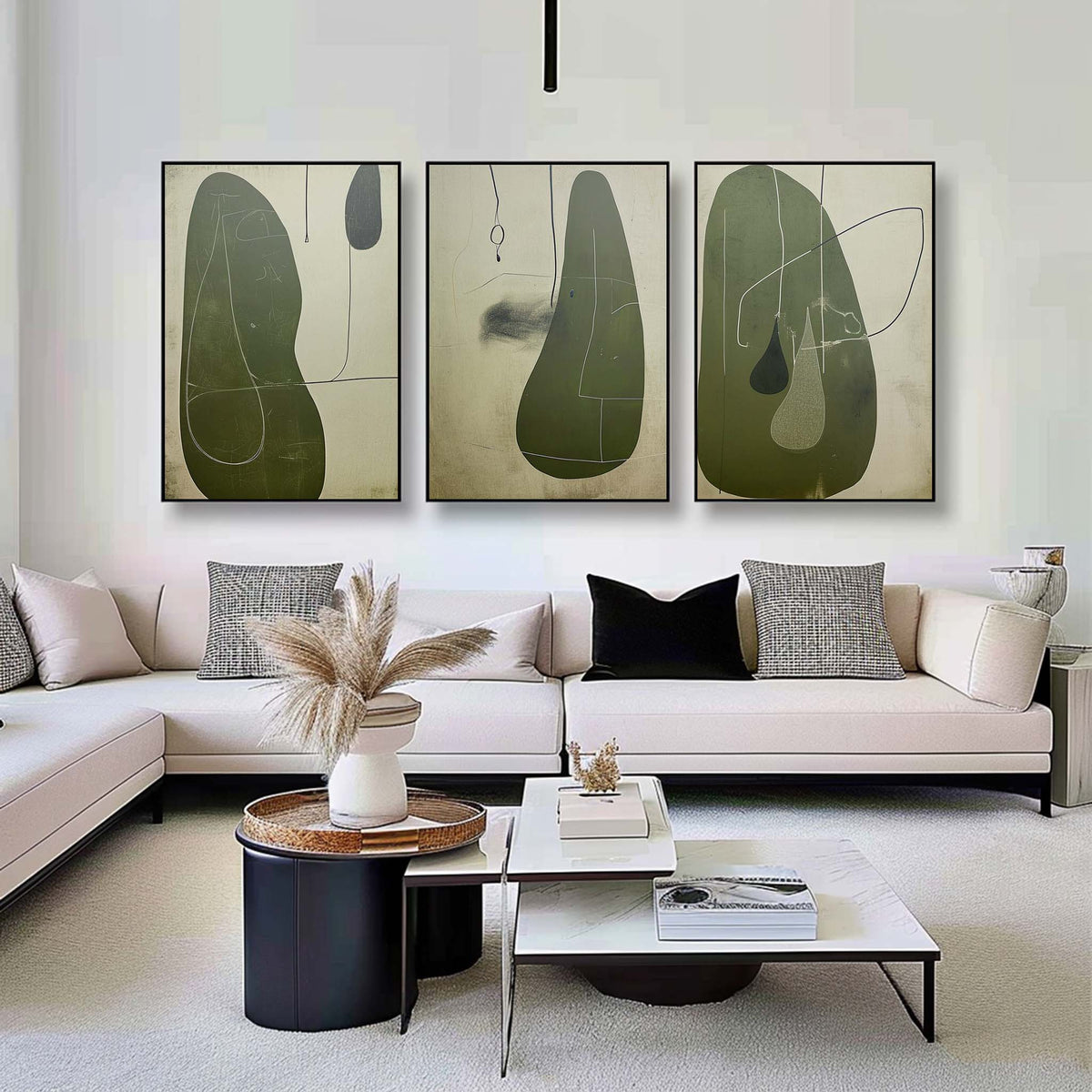 Tactile Three-Piece Oil Painting Olive Green Minimalist