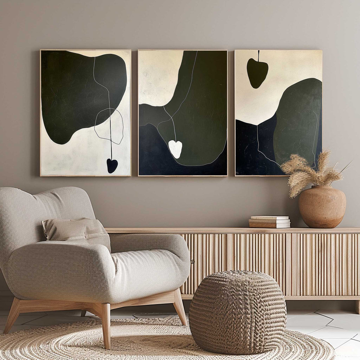 Tactile Three-Piece Oil Painting Dark Green Heart