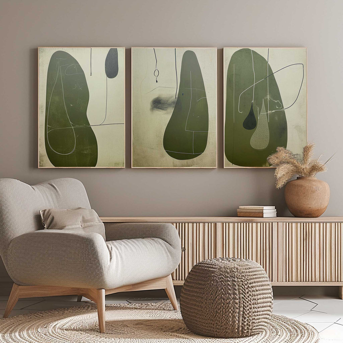 Tactile Three-Piece Oil Painting Olive Green Minimalist