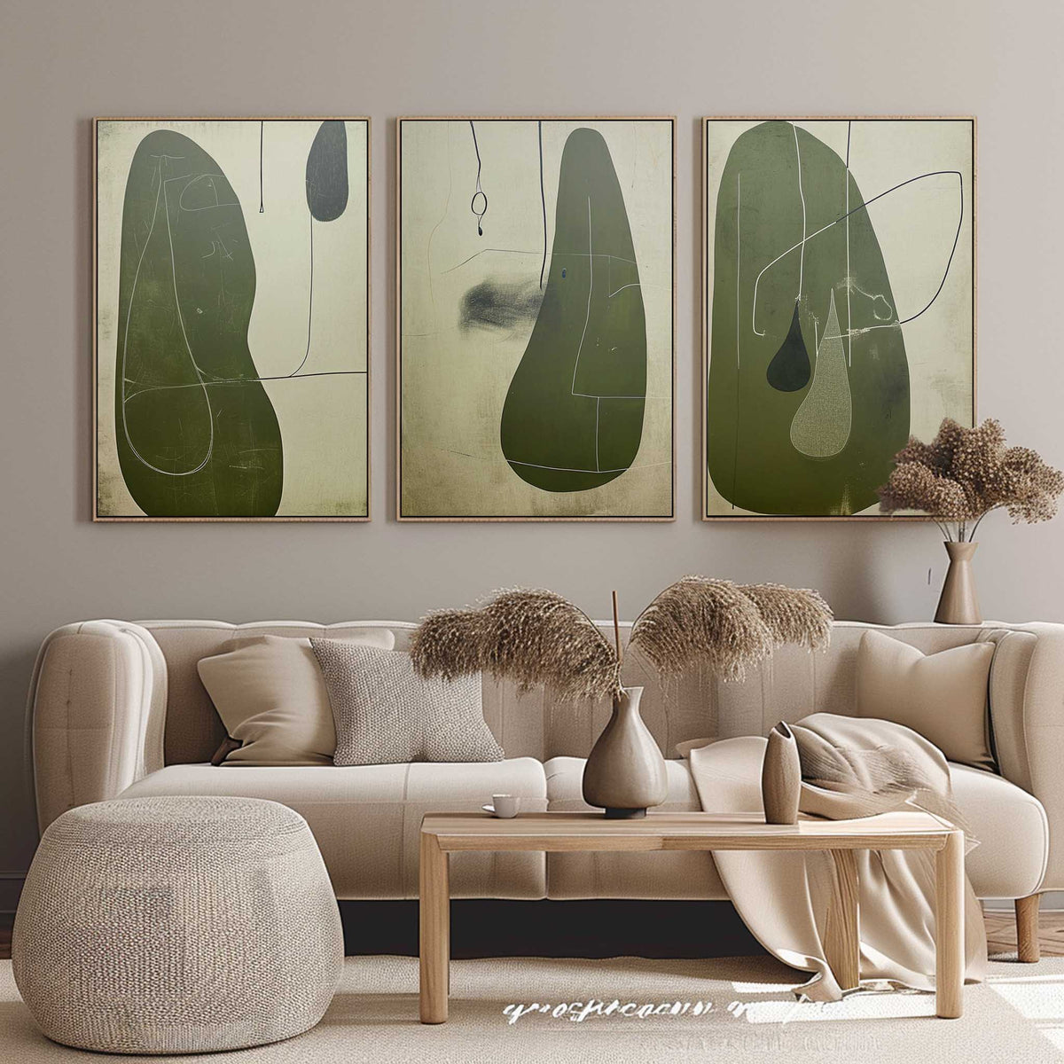 Tactile Three-Piece Oil Painting Olive Green Minimalist