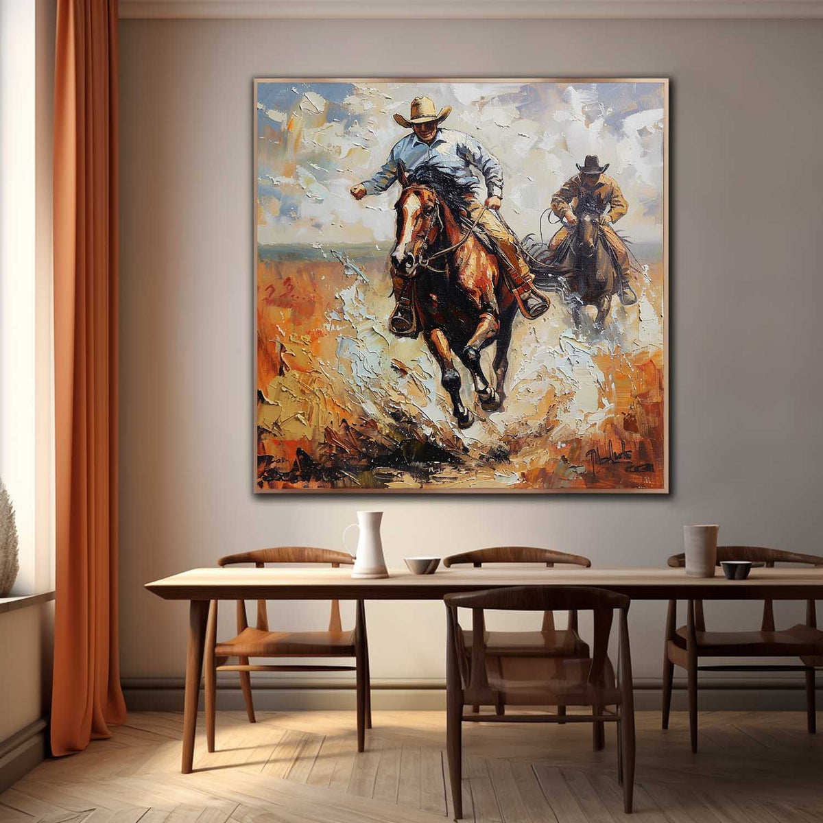 Western Cowboys Riding 3D Impasto Painting