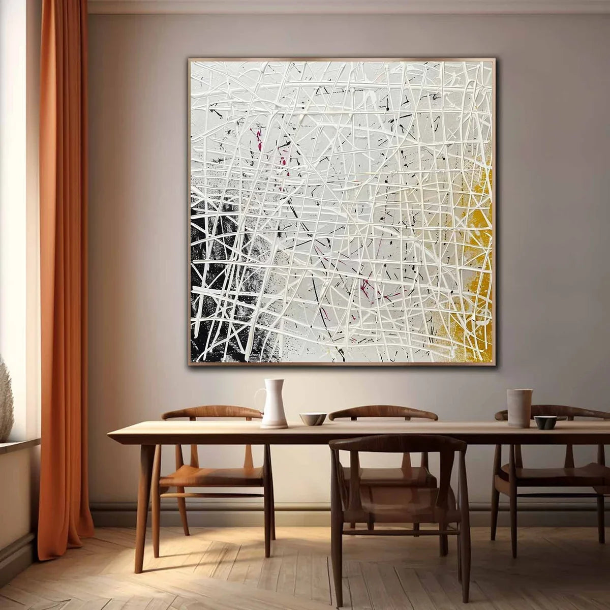 Tactile Neutral Oil Painting White Web-Lines Gold & Pink