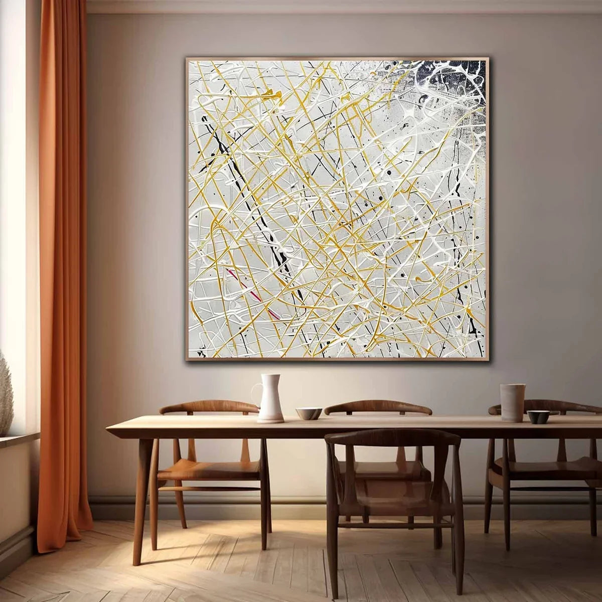 Gold Line Oil Painting Neutral Background Luxe
