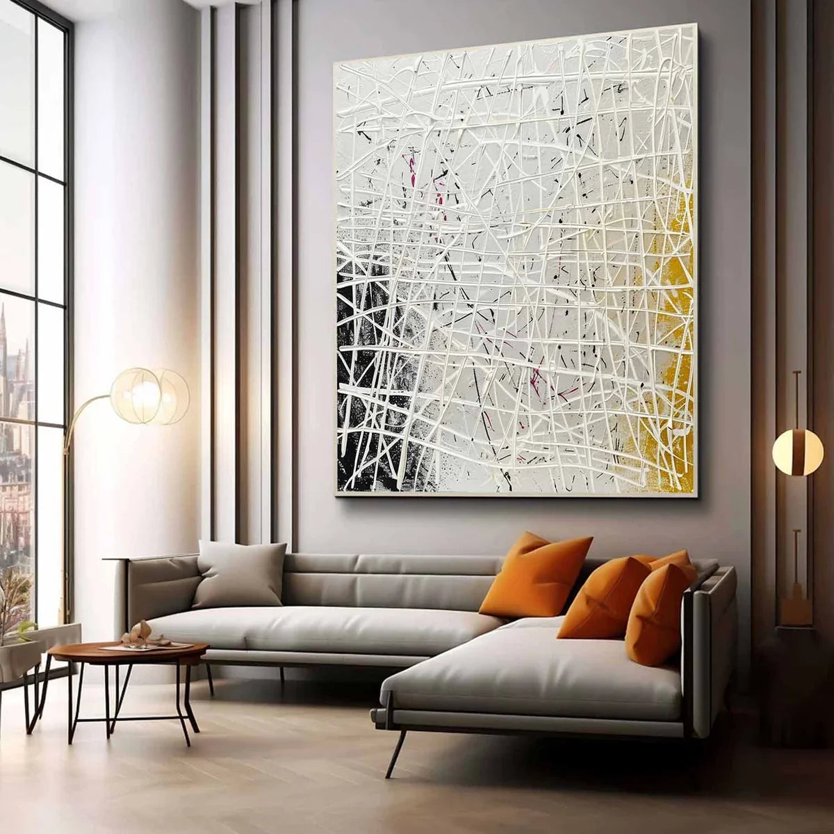 Tactile Neutral Oil Painting White Web-Lines Gold & Pink
