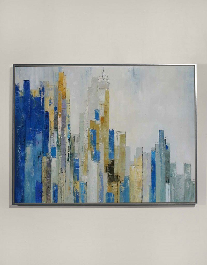 Abstract Urban Skyline Blue & Gold Architectural Layered Textured Artwork