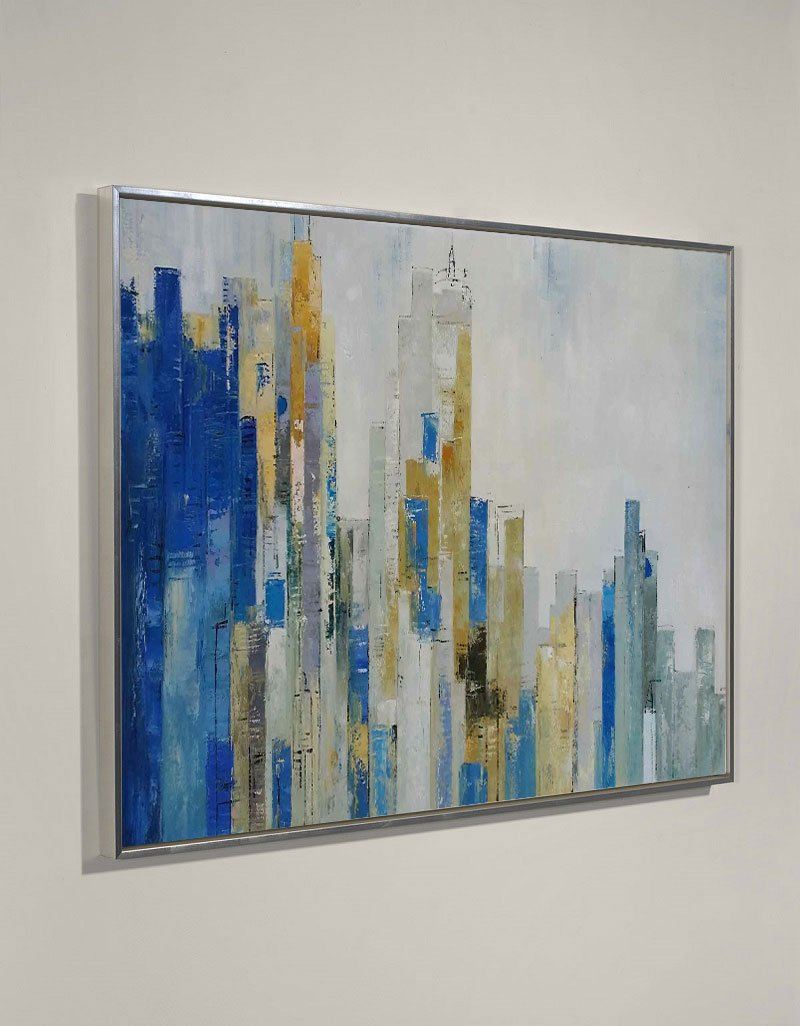 Abstract Urban Skyline Blue & Gold Architectural Layered Textured Artwork