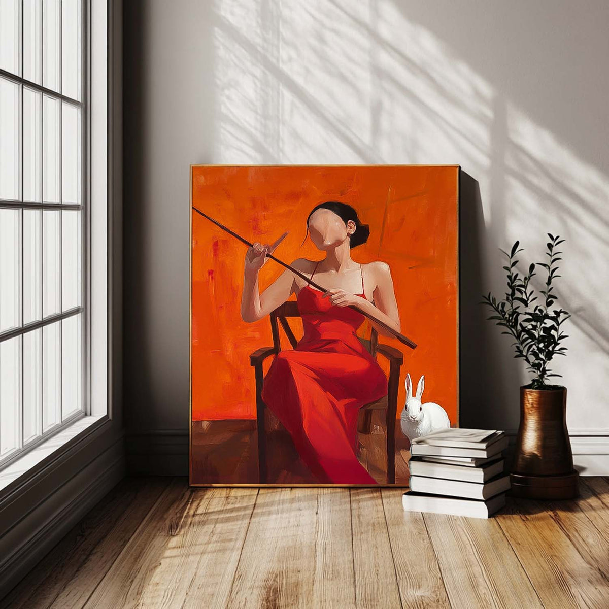 Faceless Woman In Red Dress Rabbit Oil Painting