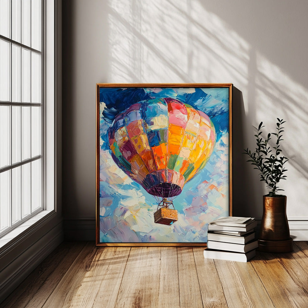 Vibrant Colorful Hot Air Balloon Impasto Oil Painting