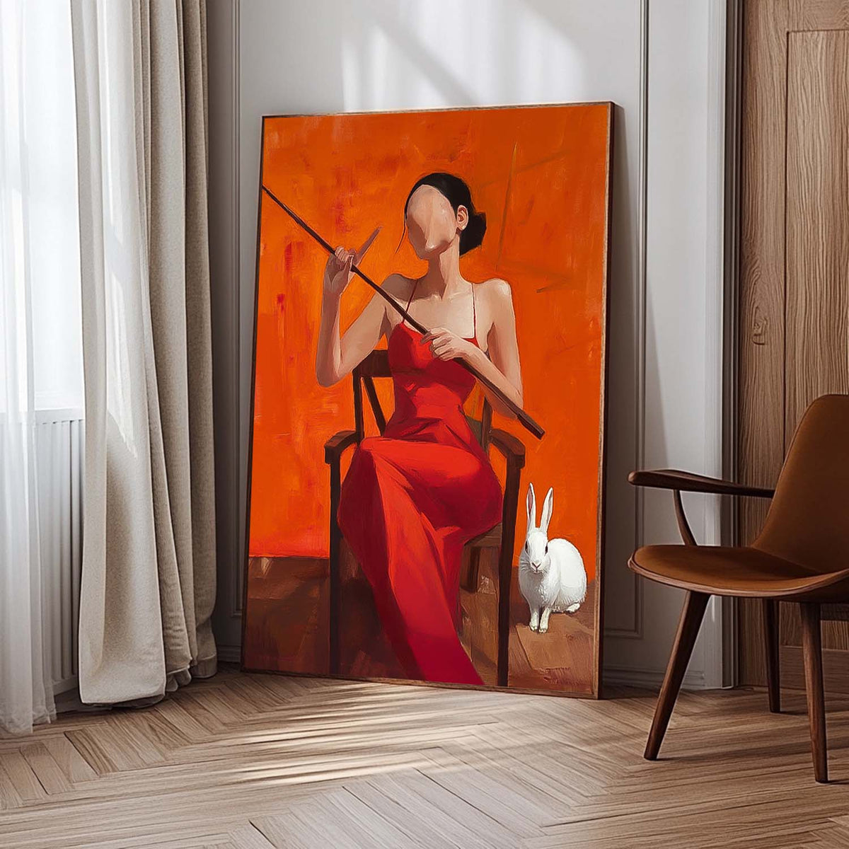 Faceless Woman In Red Dress Rabbit Oil Painting