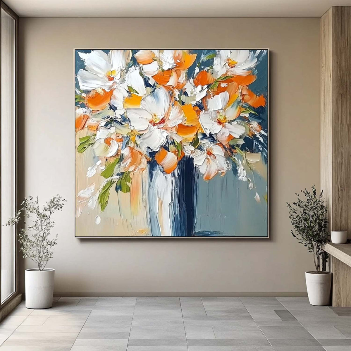 Vibrant Orange White Floral Bouquet Oil Painting