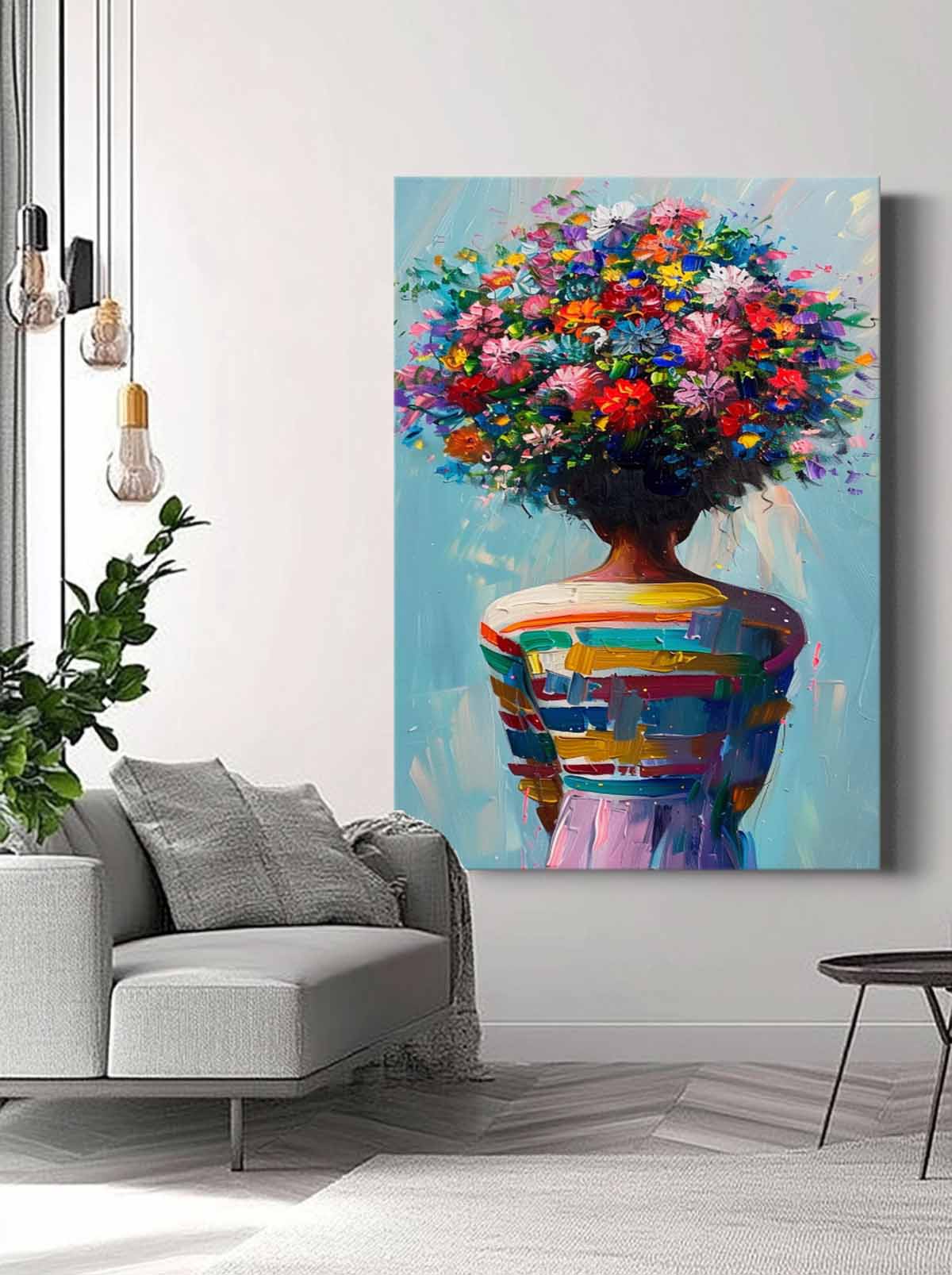 Vibrant Floral Head Woman Oil Painting Colorful