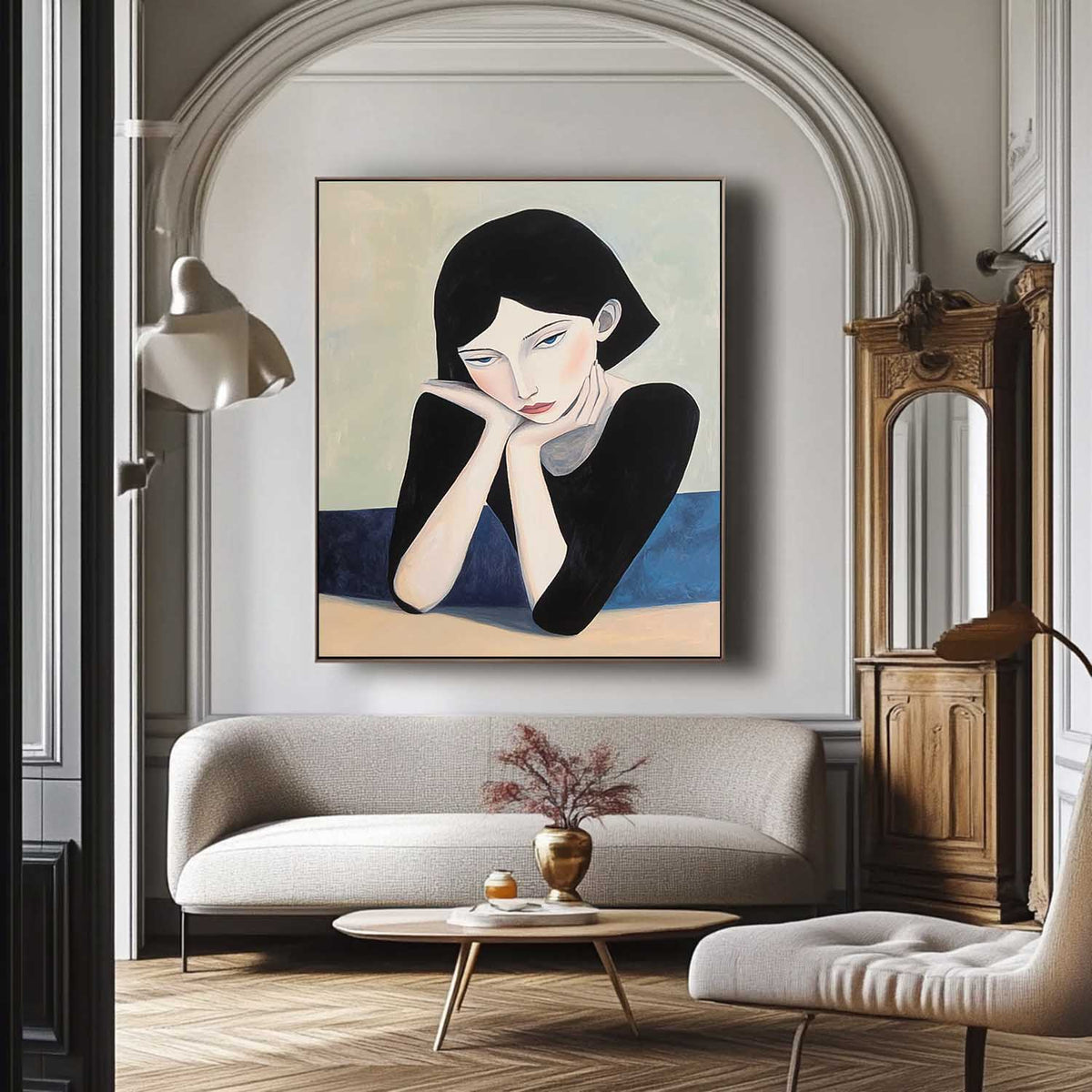 Minimalist Contemplative Woman Portrait Oil Painting