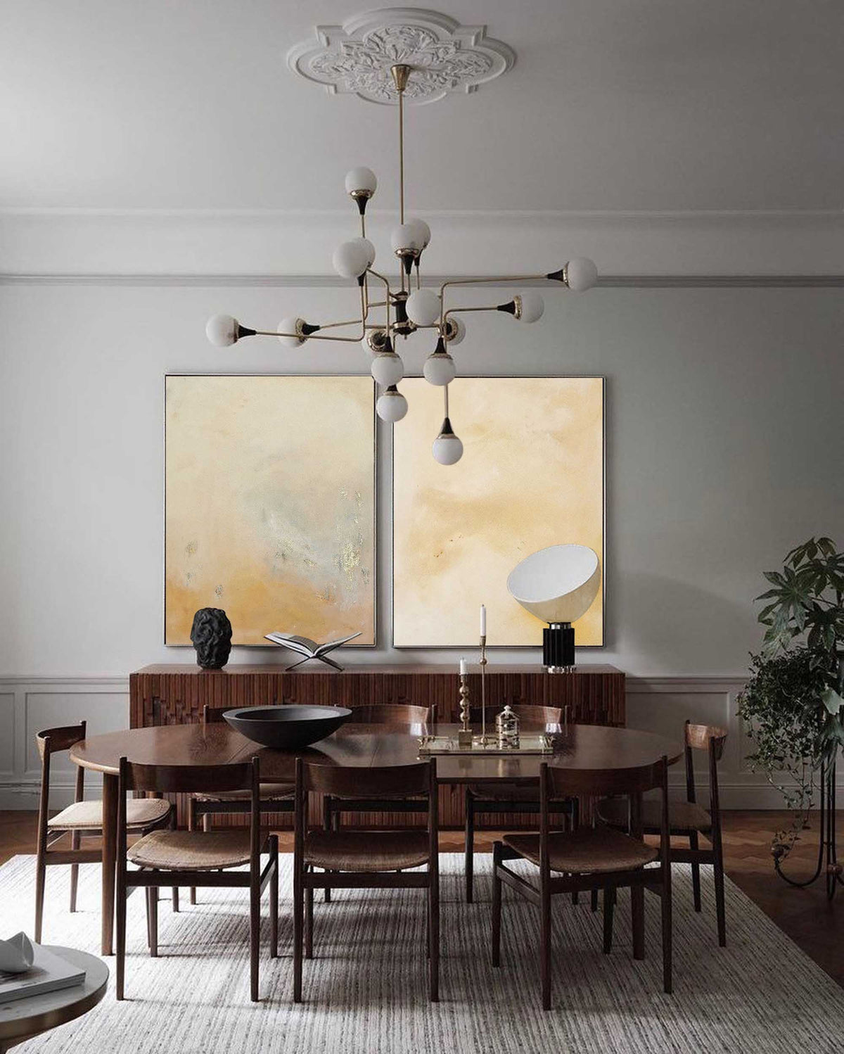 Minimalist Diptych Wall Art Warm Neutrals Gold Leaf
