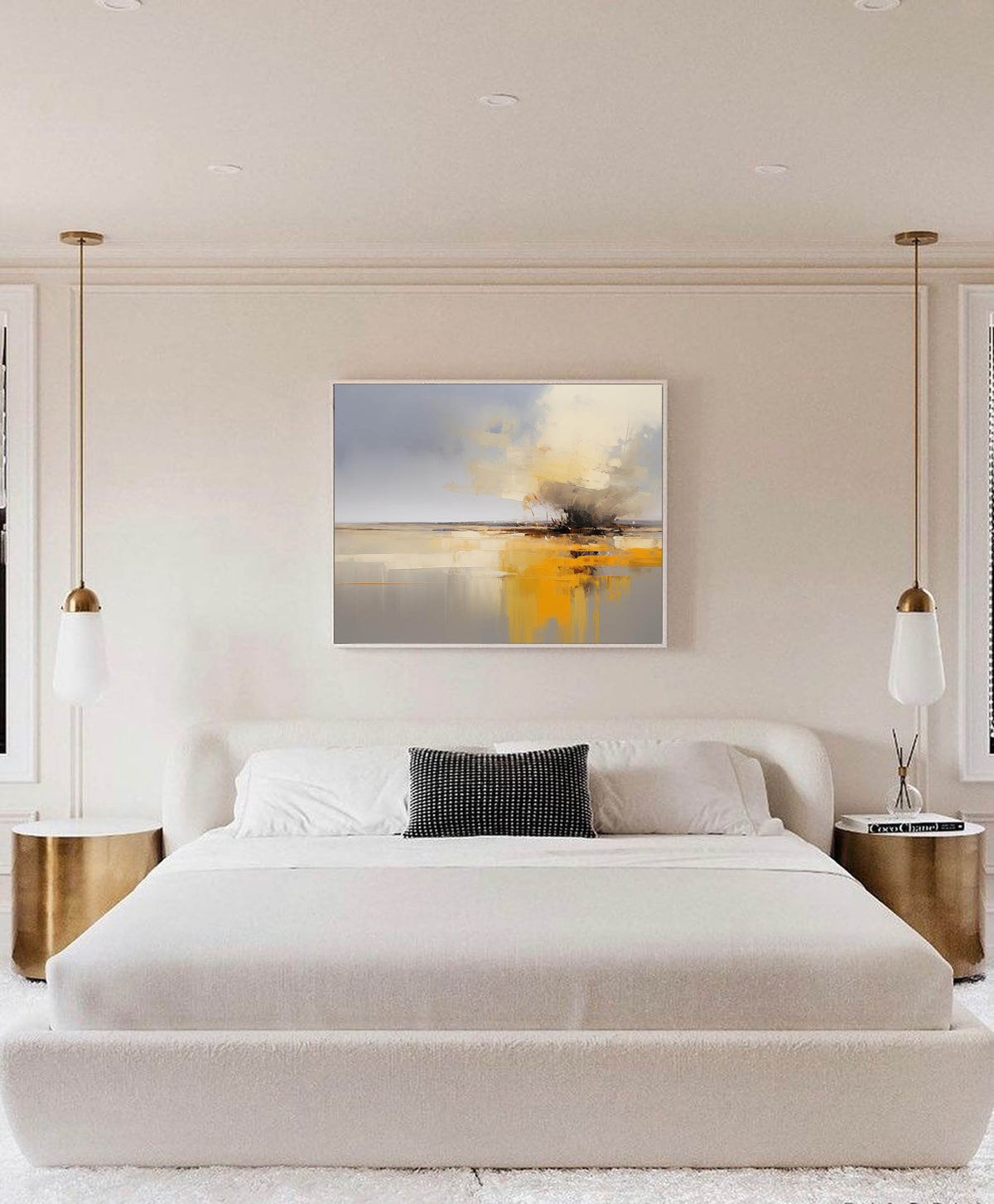 Abstract Seascape Oil Painting Grey Yellow Reflective