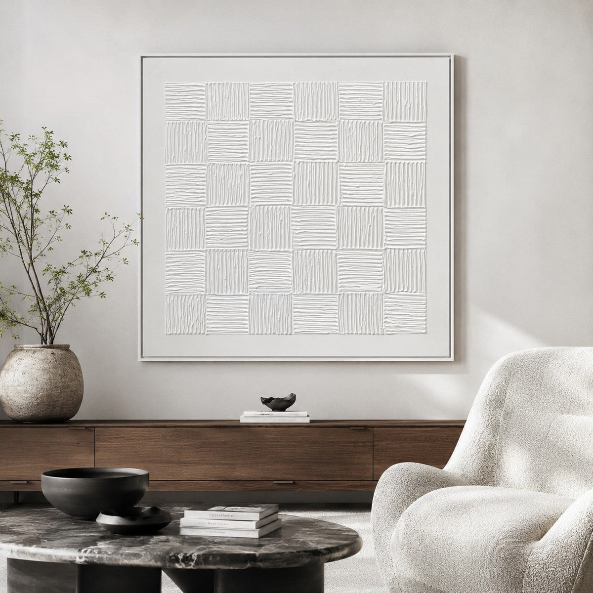 White Textured Checkerboard Oil Painting