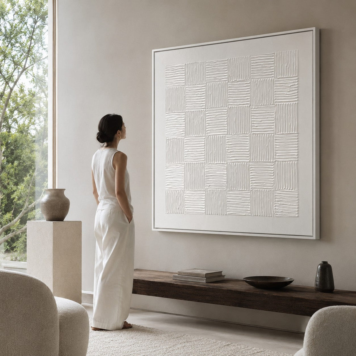 White Textured Checkerboard Oil Painting