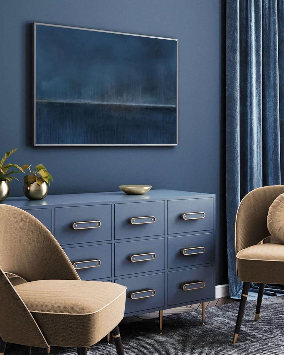 Wall Art Dark Blue Horizon Seascape Minimalist Textured Canvas Living Room