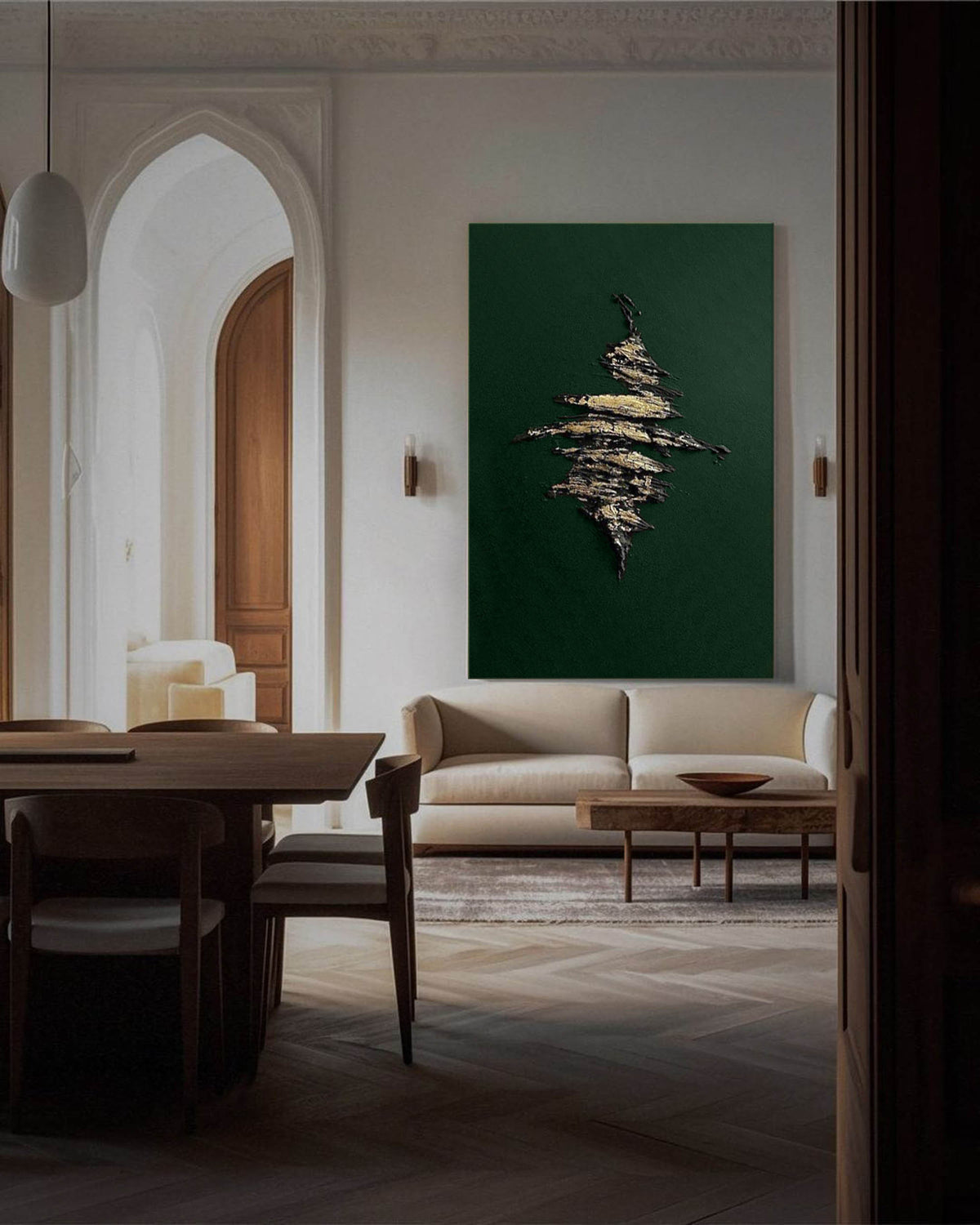 Dark Green Metallic‑Gold Accent Abstract Heavy Raised‑Texture Artwork