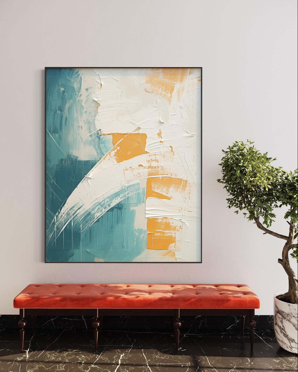 Tactile Impasto Oil Painting Teal White Orange