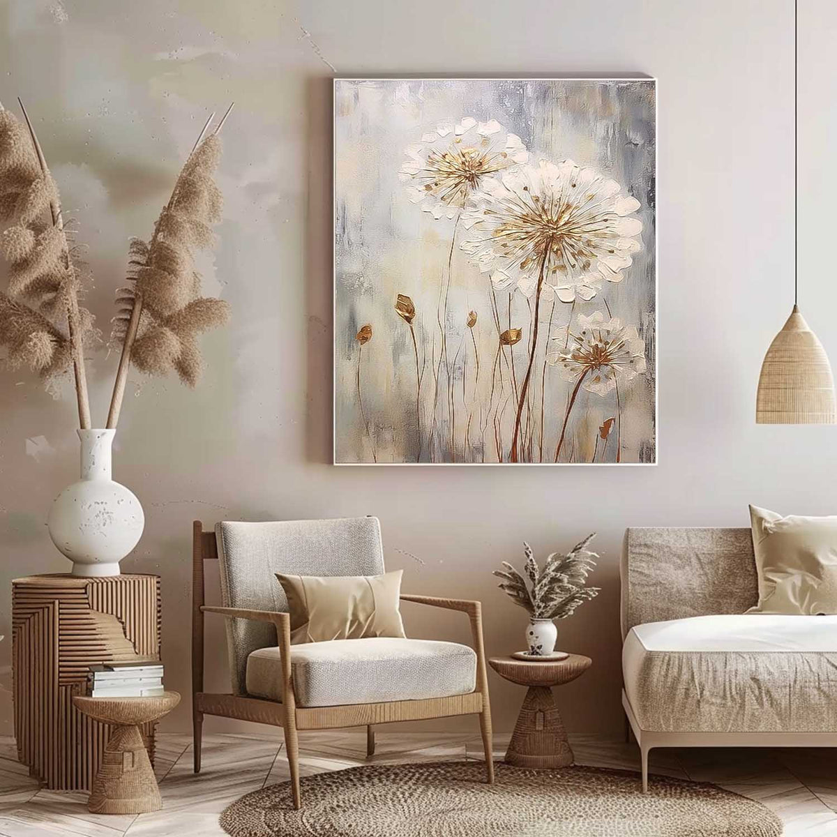 Wall Art Impasto White Golden Dandelion