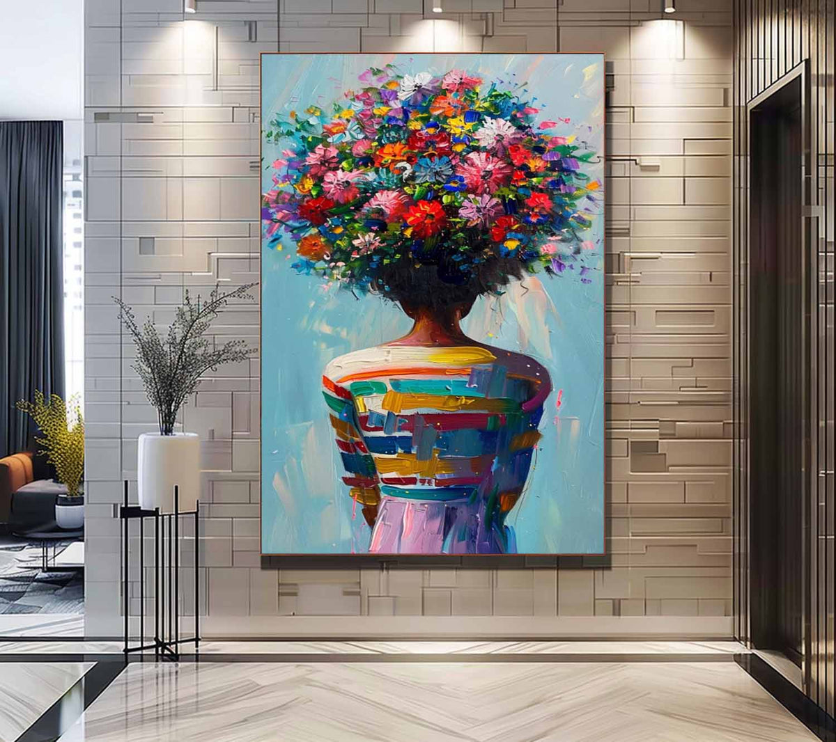 Vibrant Floral Head Woman Oil Painting Colorful