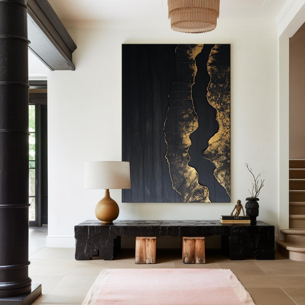 Elegant Black‑Gold Streak Abstract Metallic‑Foil Layered Impasto Textured Artwork