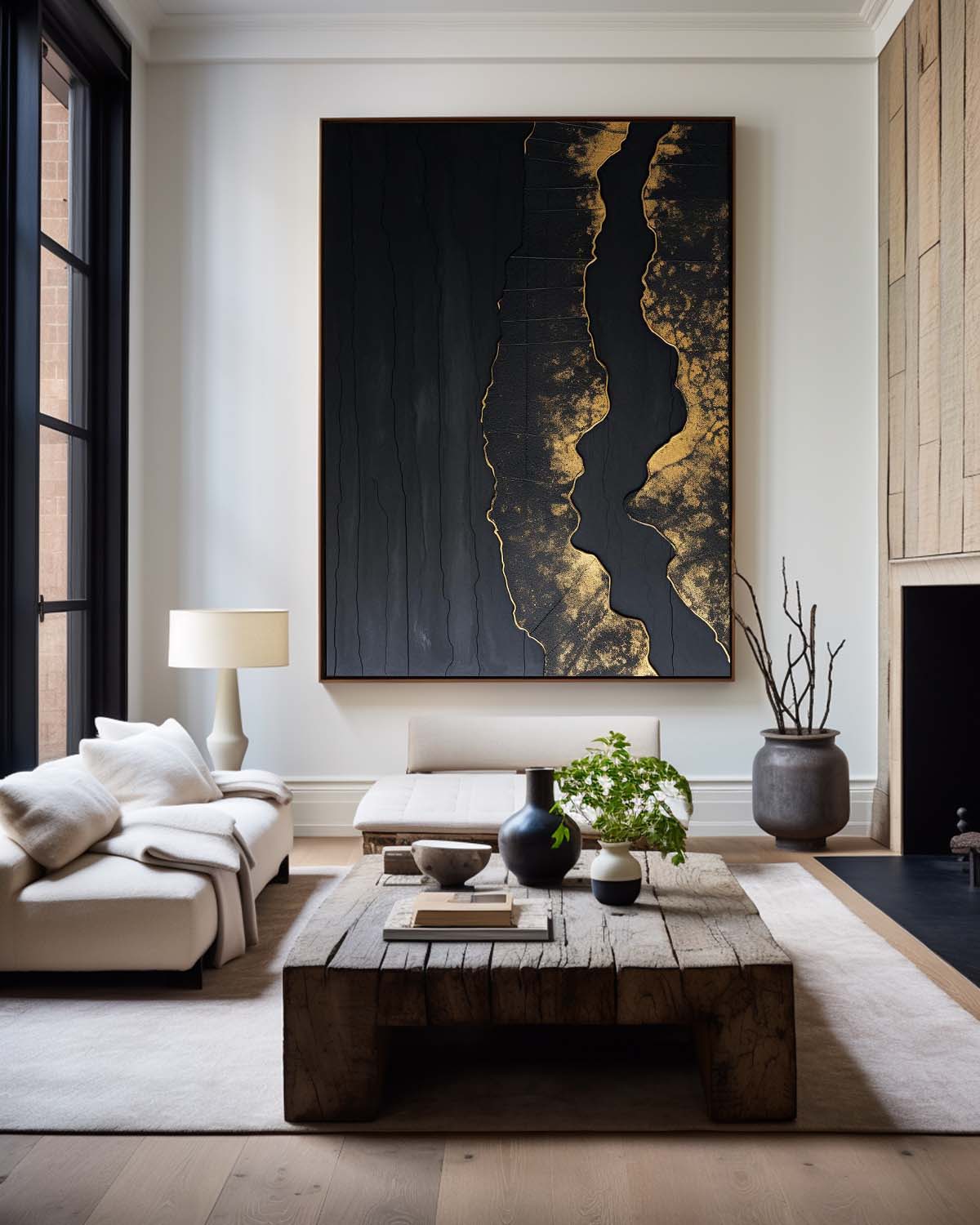 Elegant Black‑Gold Streak Abstract Metallic‑Foil Layered Impasto Textured Artwork