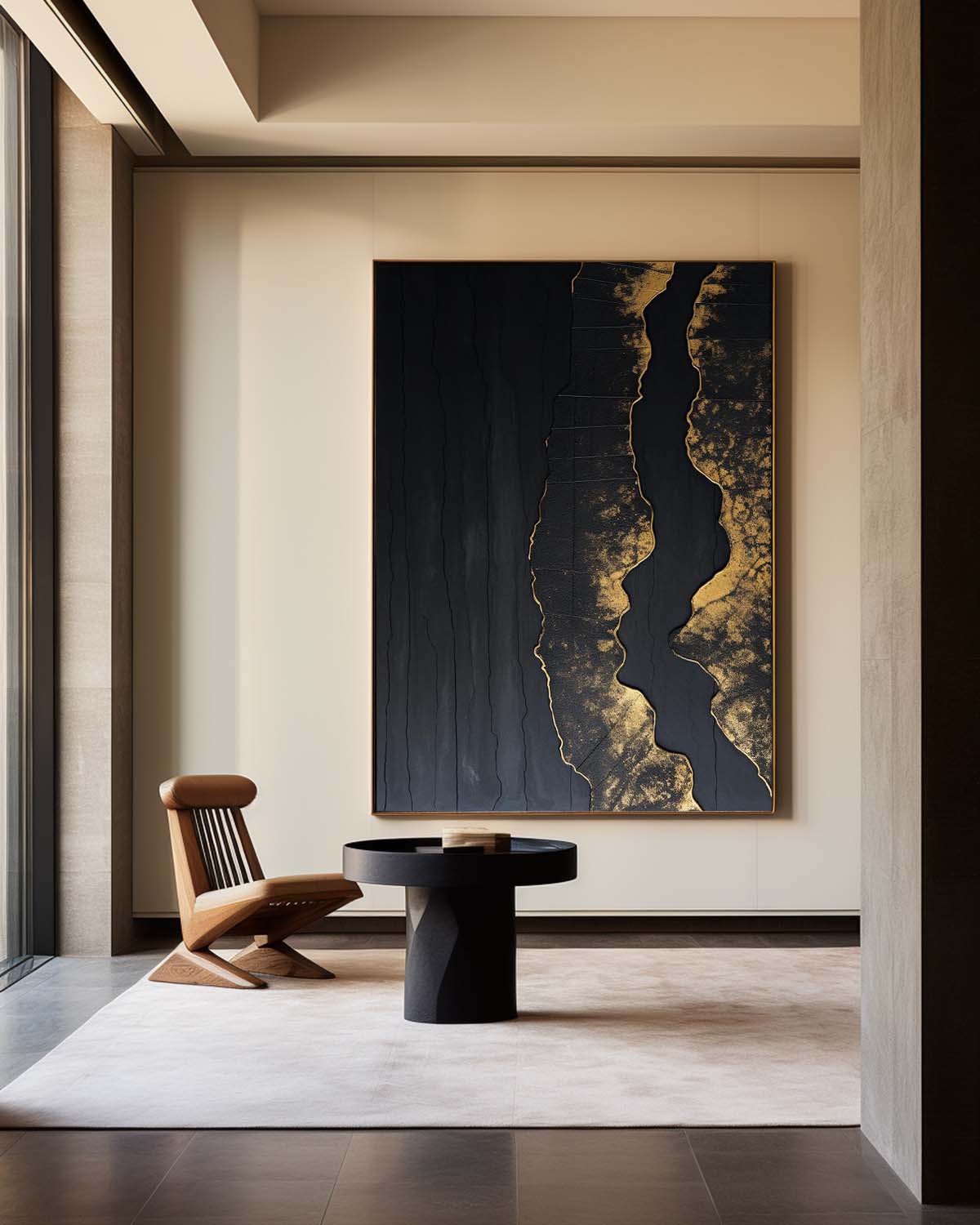 Elegant Black‑Gold Streak Abstract Metallic‑Foil Layered Impasto Textured Artwork
